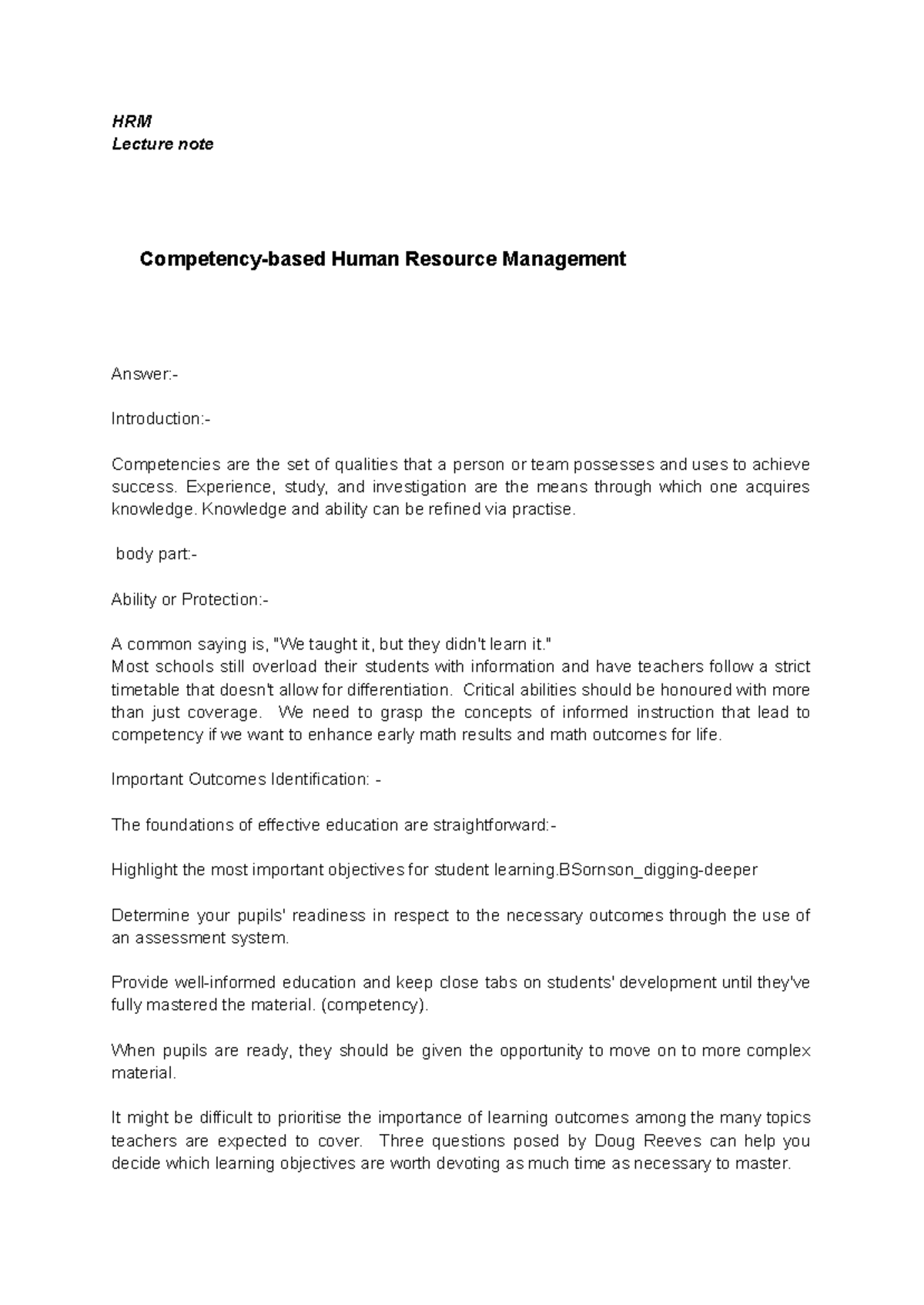 HRM 210: Lecture Notes on Competency-Based Human Resource Management ...