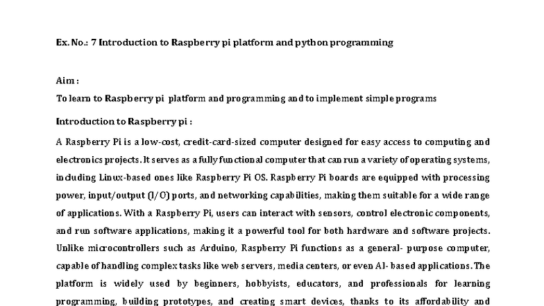 Ex. No. 7: Introduction to Raspberry Pi & Python Programming - Studocu