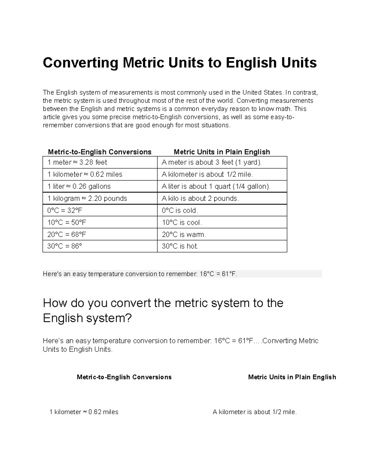 Metric to English Unit Conversion Guide and Examples - Studocu