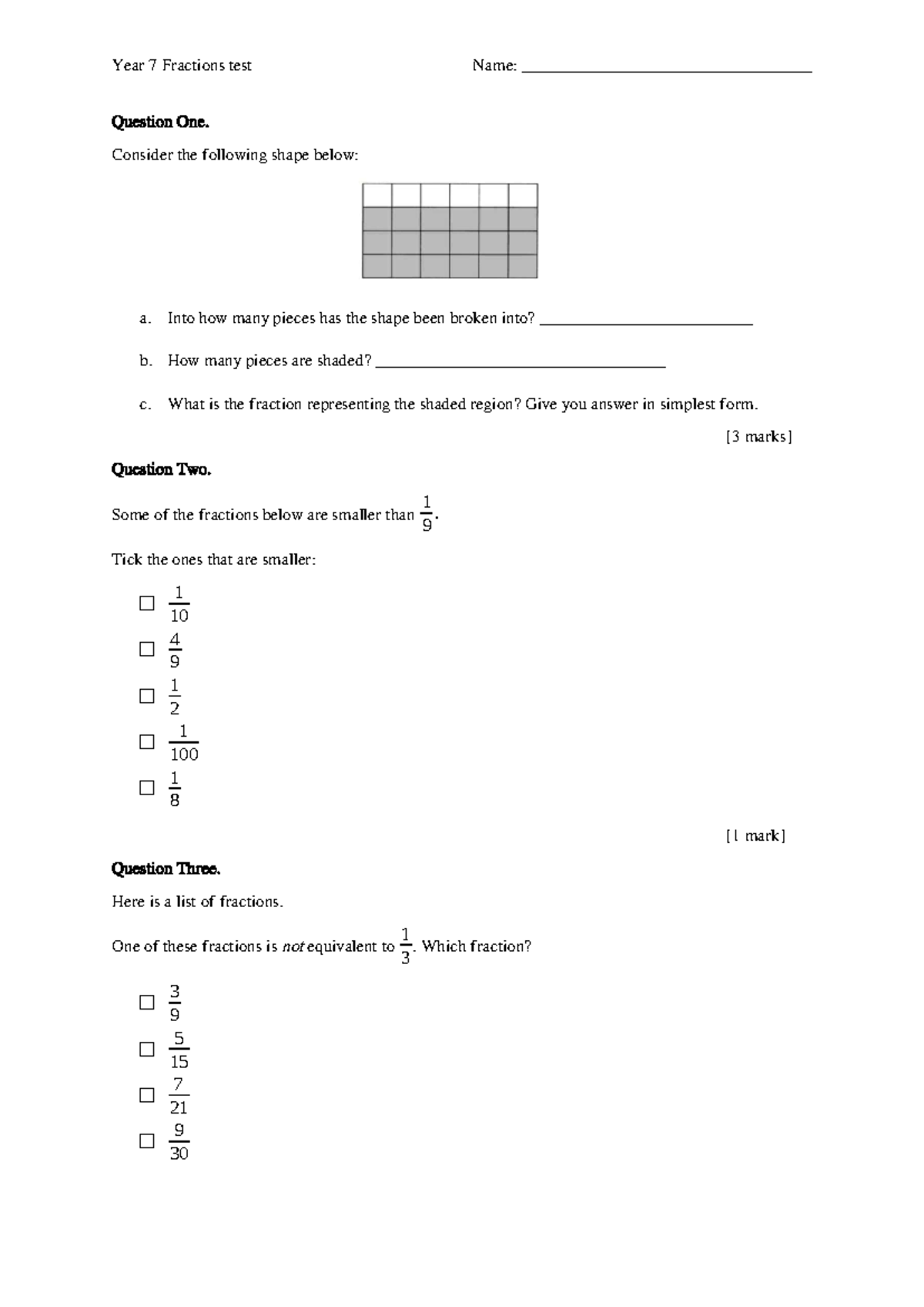 Yr7 Fractions Practice Test: Questions & Solutions - Studocu