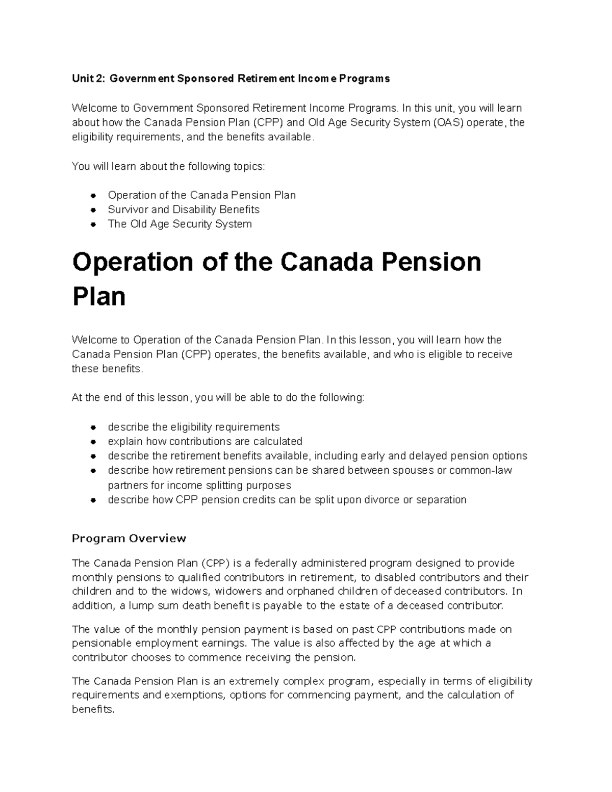 Unit 2: CPP & OAS Overview - Government Sponsored Retirement Programs ...