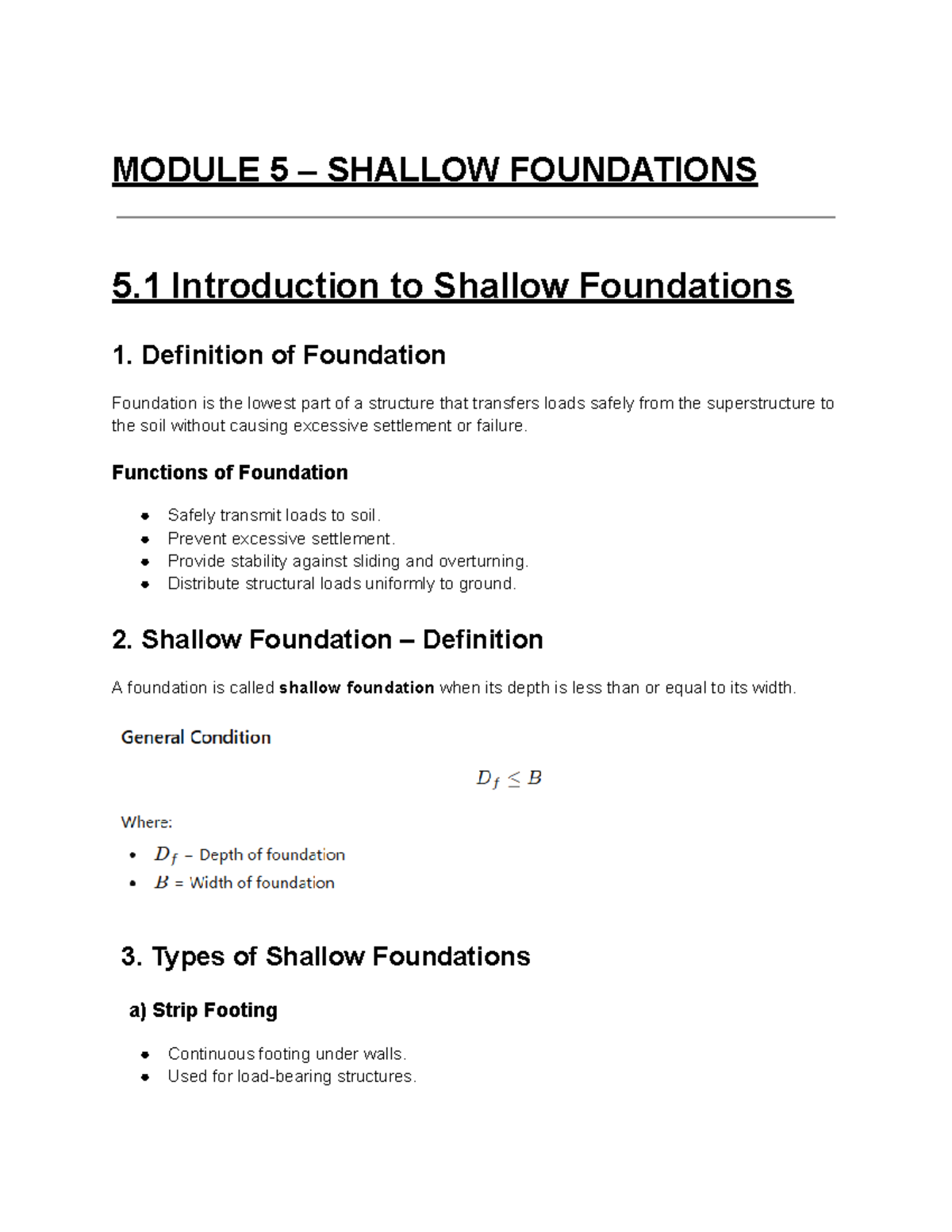 Module 5 (GTE II) Detailed Notes on Shallow Foundations - Studocu