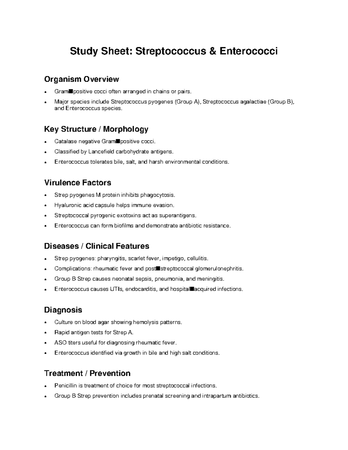Study Sheet: Overview of Streptococcus & Enterococcus Organisms - Studocu