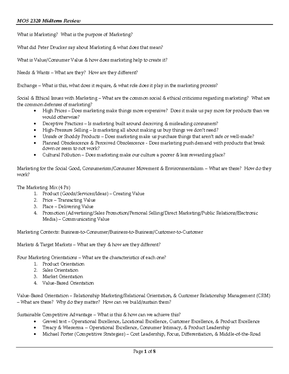MOS 2320 Midterm Exam Comprehensive Review Guide - Studocu