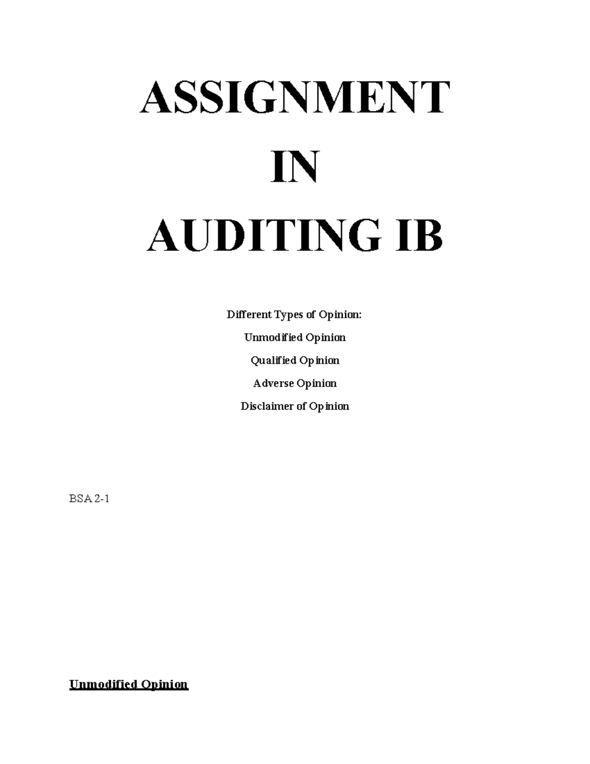 Auditing Assignment: Types of Opinions in Financial Reports (BSA) - Studocu