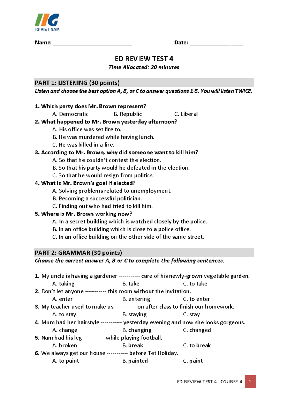 ED REVIEW TEST 4: Listening & Grammar Practice - Studocu