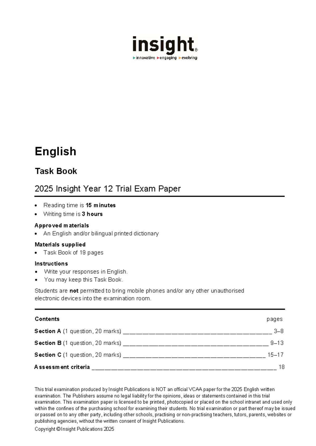 2025 VCE English Year 12 Trial Exam Task Book - Studocu