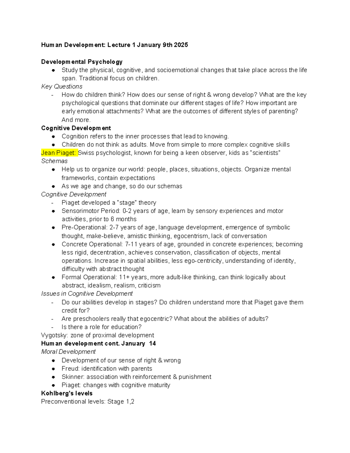 PSYC1002B Lecture Notes - Human Development: Lecture 1 January 9th 2025 ...