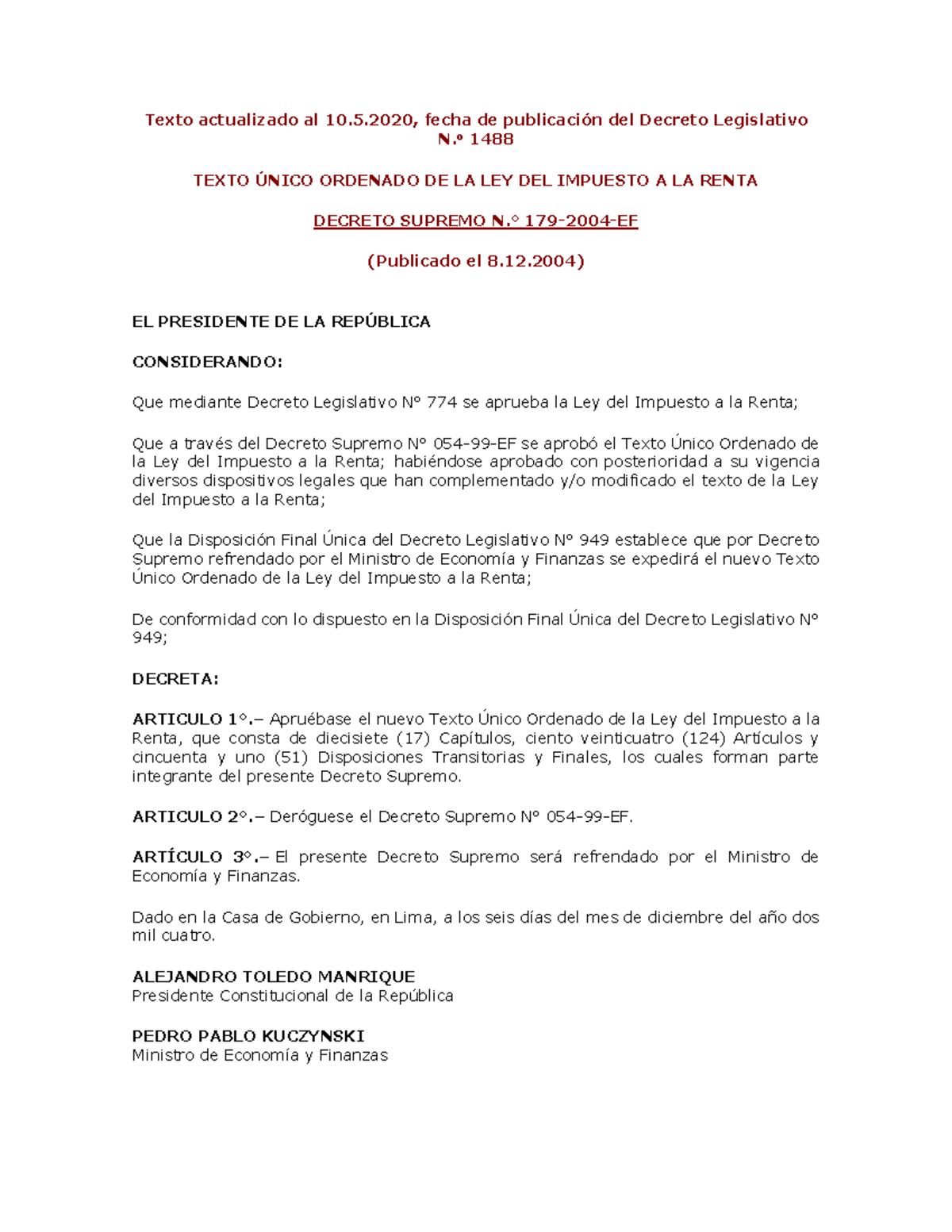 LEY DEL IMPUESTO A LA RENTA 2026 - Legislación Actualizada - Studocu