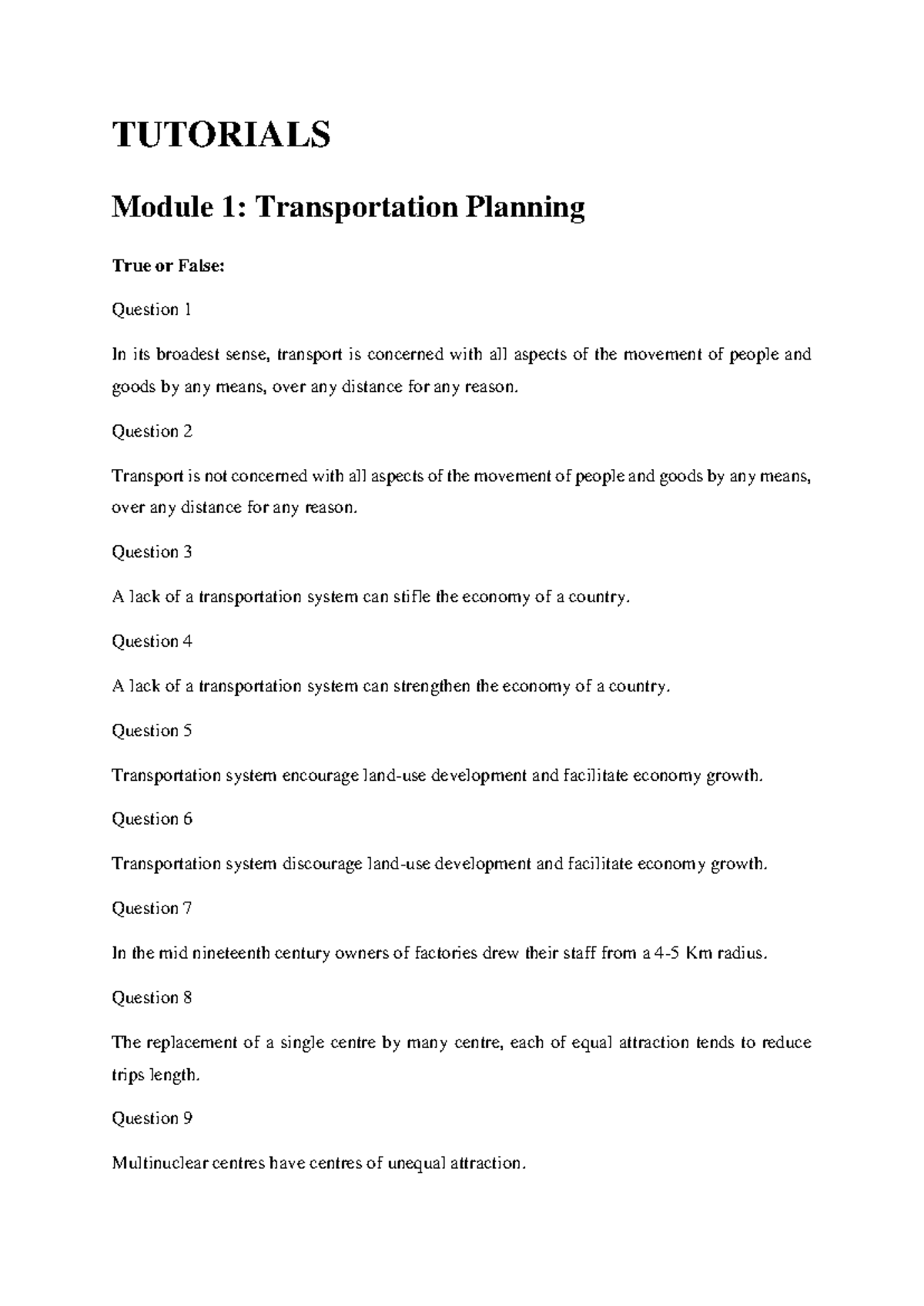 TUTORIALS Module 1 & 2: Transportation Planning & Traffic Engineering ...