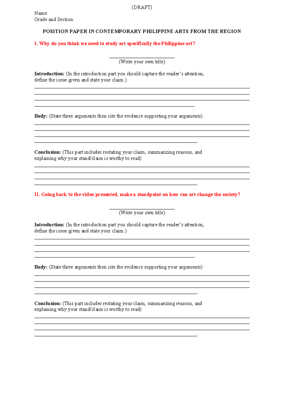 Template of Position Paper in CPAR - (DRAFT) Name: Grade and Section ...