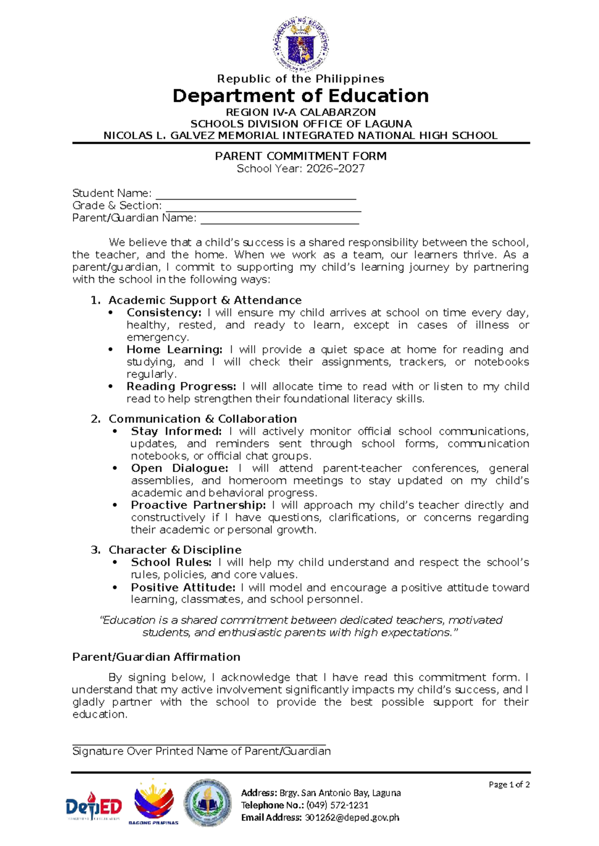 Parent Commitment Form SY 26-27: Partnering for Student Success - Studocu