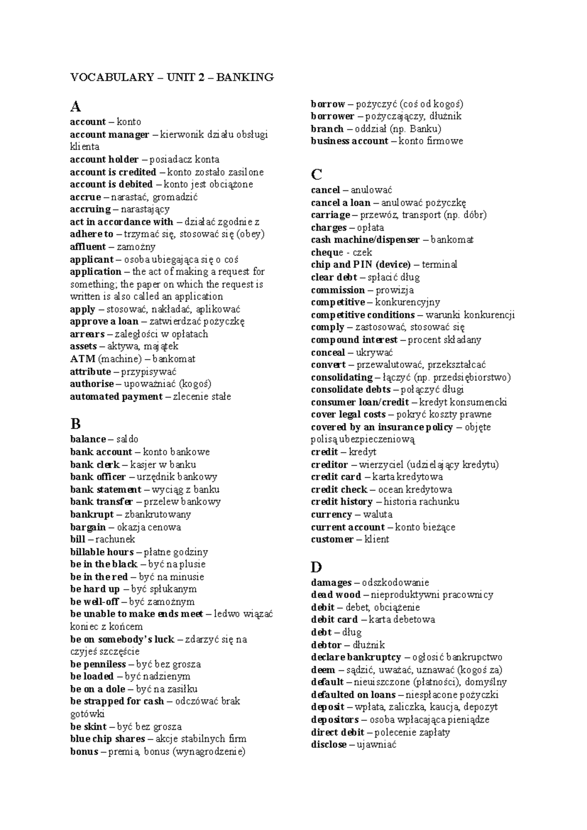 V UNIT 2 Banking - Vocabulary Notes - Studocu