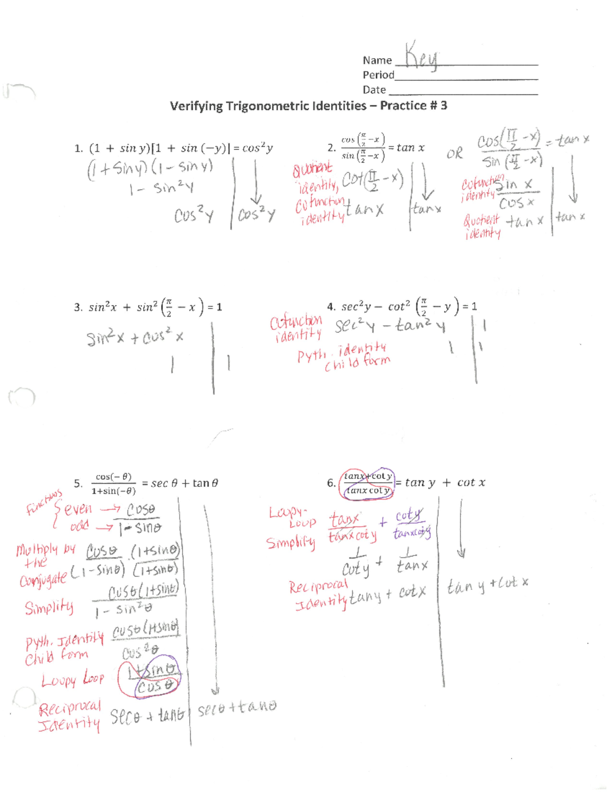 Verifying Trigonometric Identities Practice #3 (Period Key) - Studocu