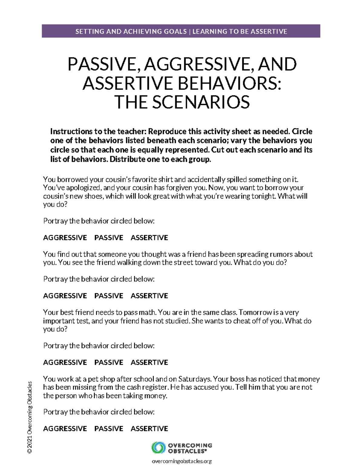 Lesson 5: Learning to Be Assertive - Activity Sheets (2021) - Studocu