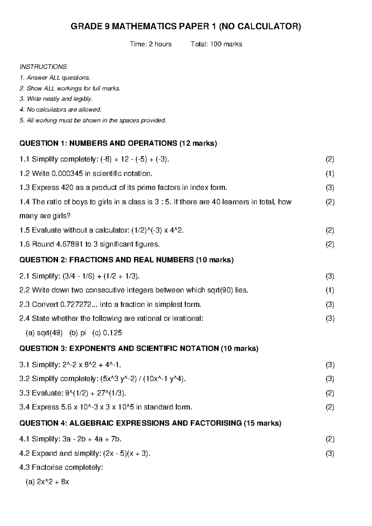 Grade 9 Mathematics Paper 1 (No Calculator) - Exam Review - Studocu