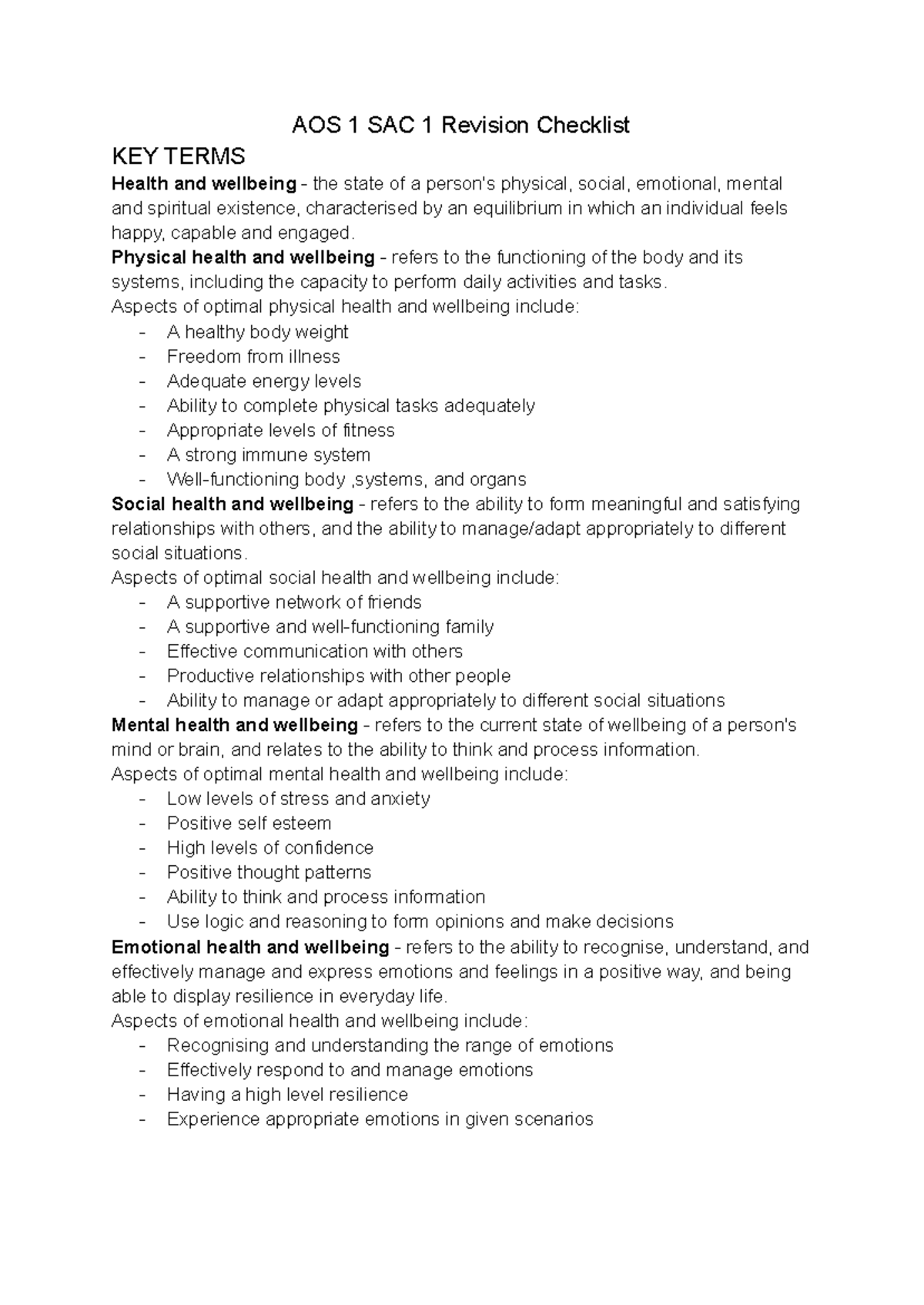 HHD Unit 3 AOS 1 SAC 1 Revision Checklist: Key Terms in Health ...