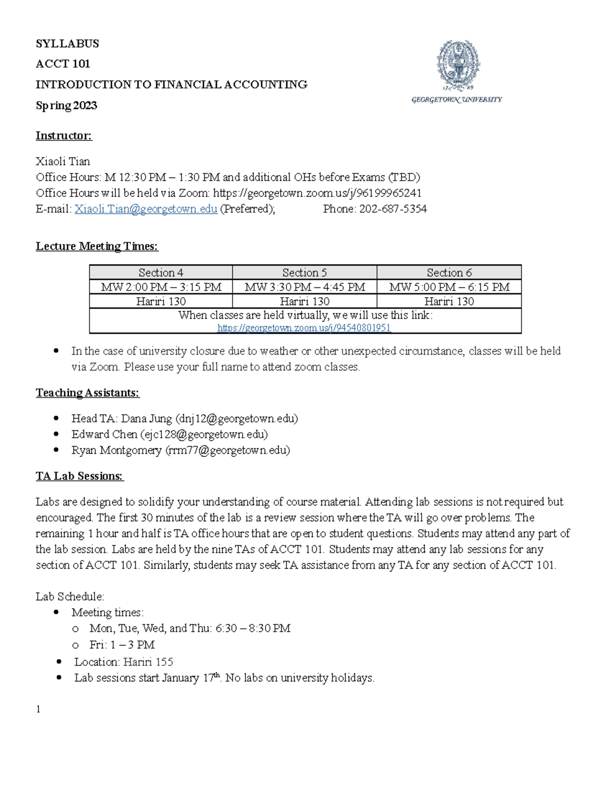 ACCT 101 Spring 2023 Course Syllabus and Important Details - Studocu
