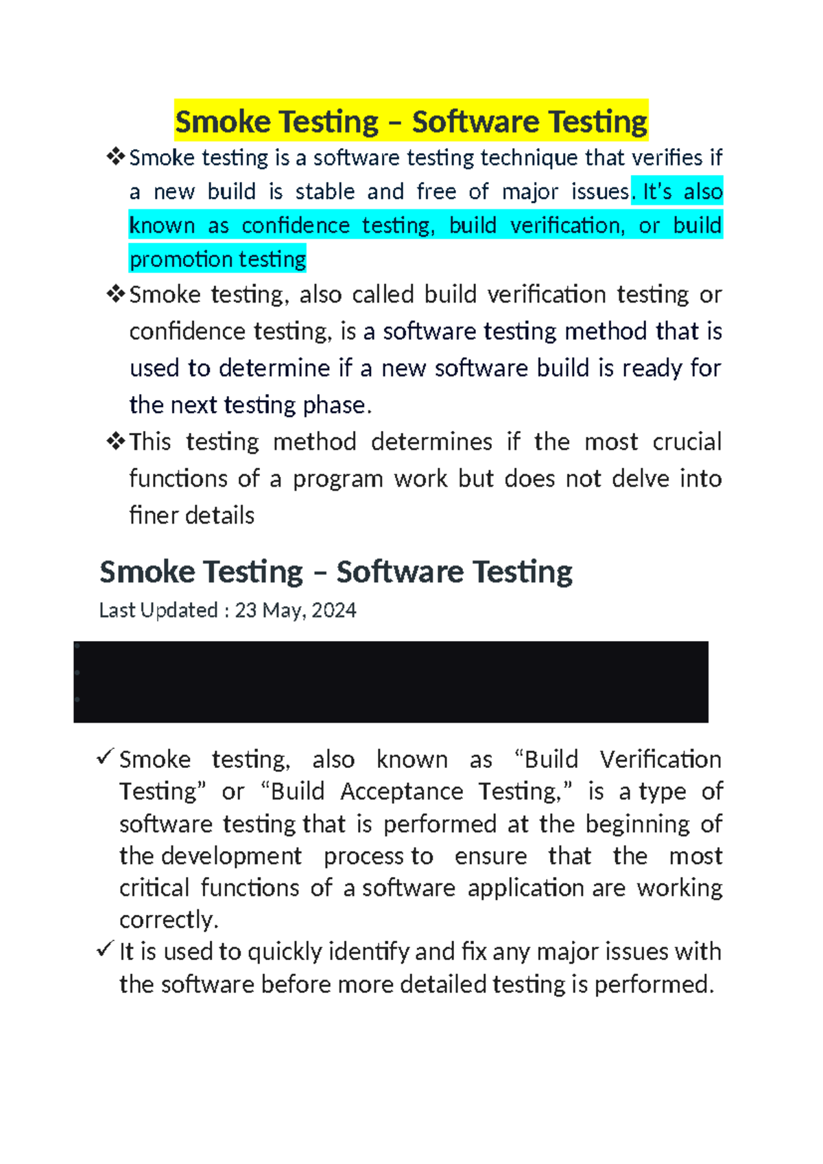 Smoke testing is - Smoke Testing – Software Testing Smoke testing is a ...