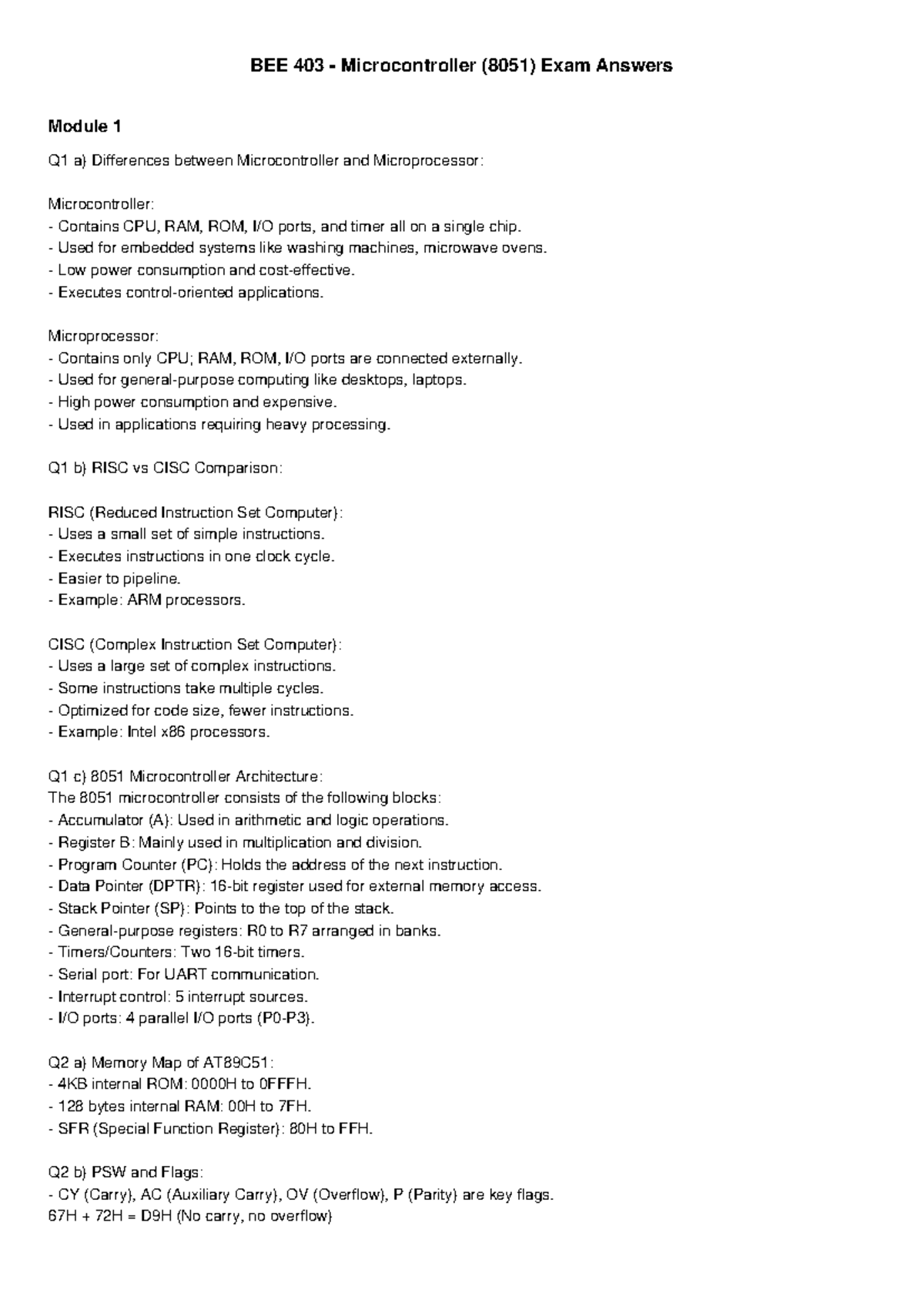 BEE 403 Microcontroller (8051) Exam Answers Overview and Key Concepts ...