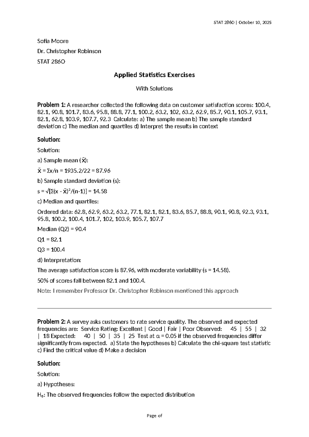 STAT 286O Applied Statistics Exercises with Solutions - Studocu