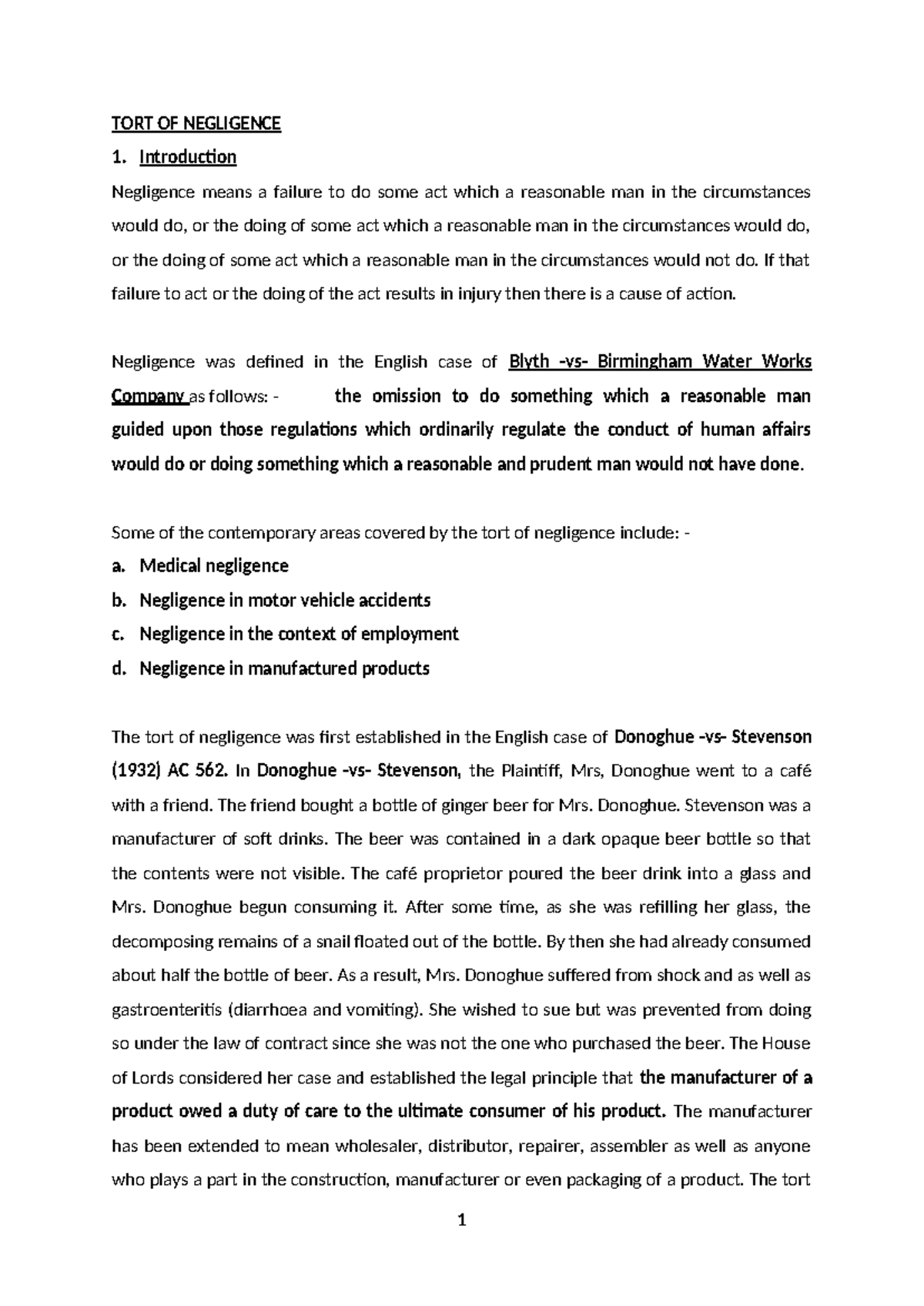 TORT OF NEGLIGENCE: Key Concepts and Case Studies - Studocu