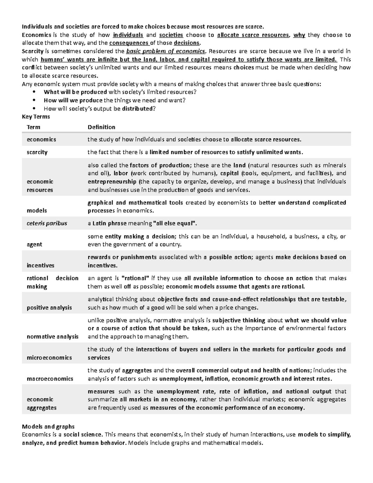 ECO 101: Key Concepts and Models in Economics Overview - Studocu