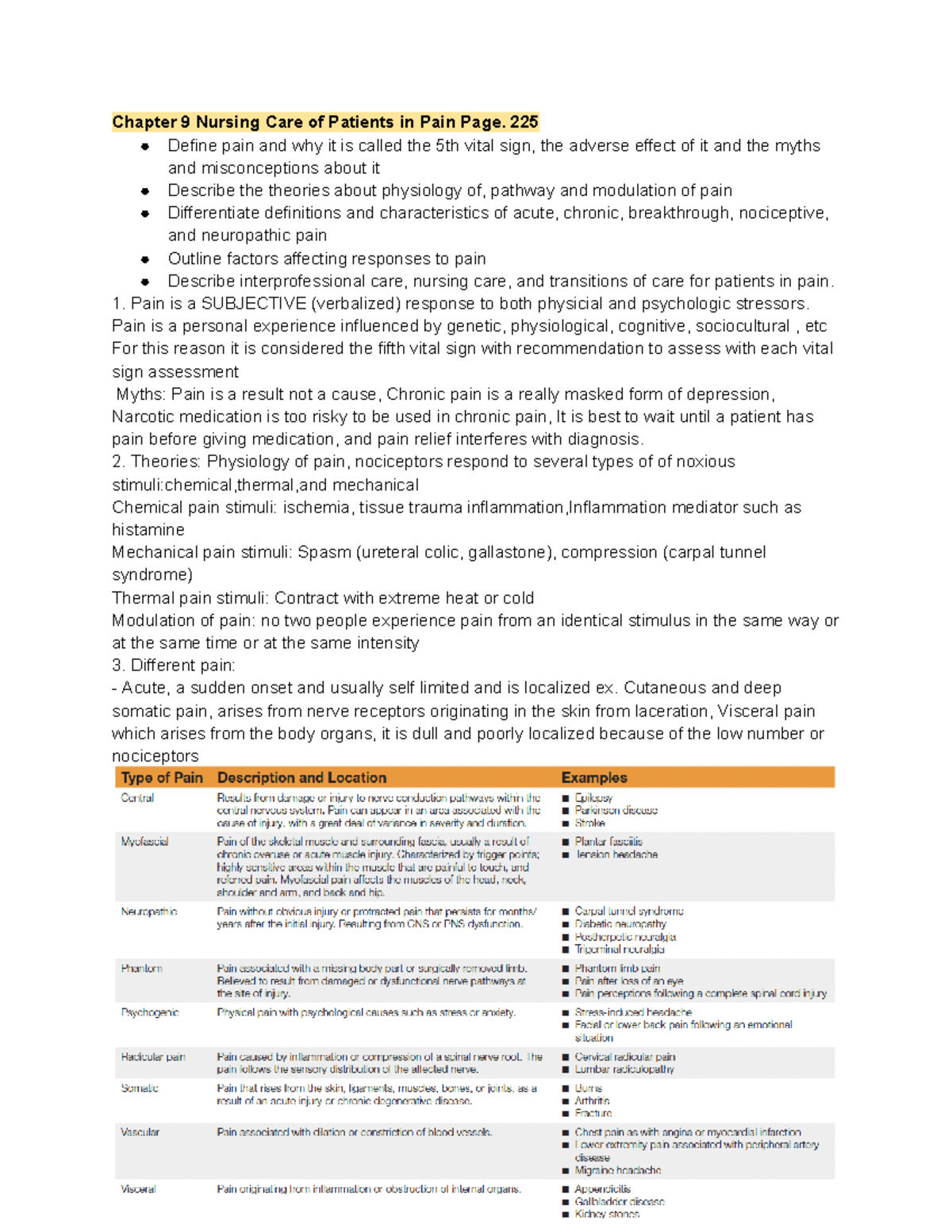 Chapter 9 Nursing Care for Pain Management: The 5th Vital Sign - Studocu