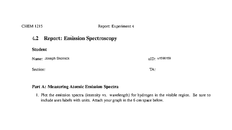 CHEM 1215 Experiment 4 Report: Emission Spectroscopy Analysis - Studocu