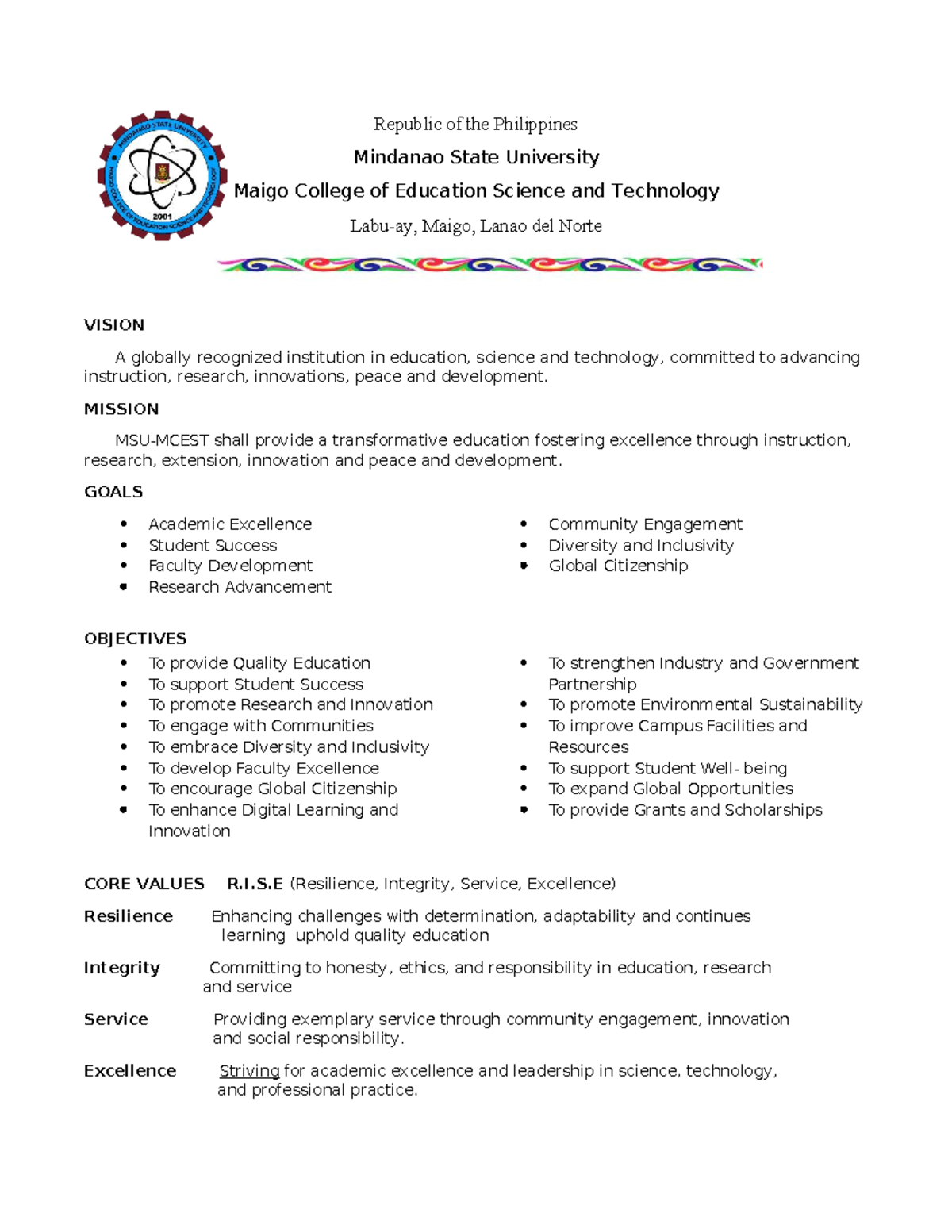 VMGO for MSU MCEST: Vision, Mission, Goals, and Objectives - Studocu