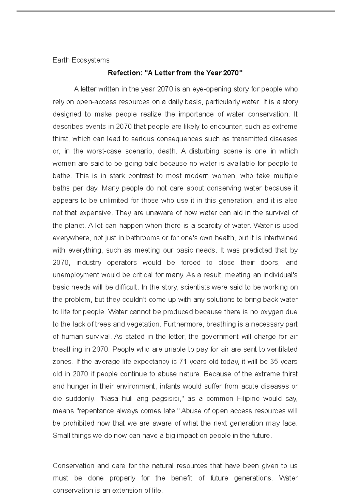 Earth Ecosystems: Reflection M - Lecture Notes on Water Conservation ...