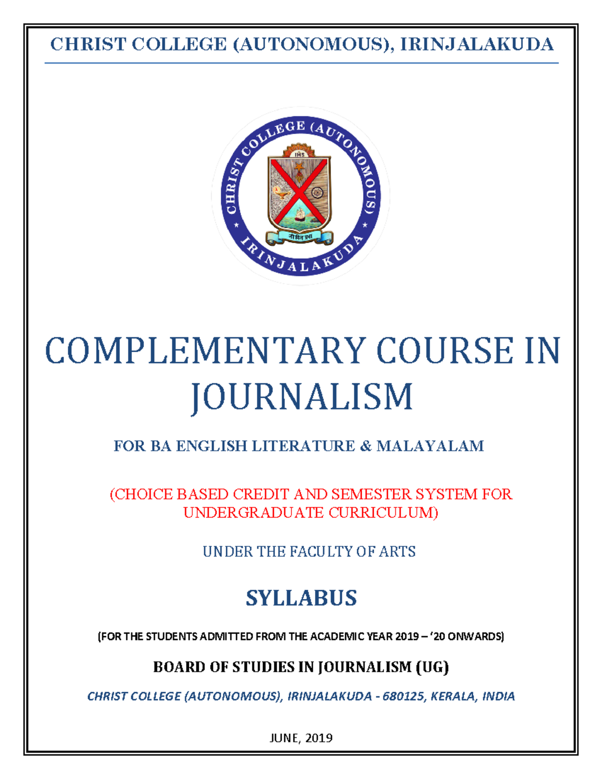 Journalism 2019 - Complimentarty course - CHRIST COLLEGE (AUTONOMOUS ...