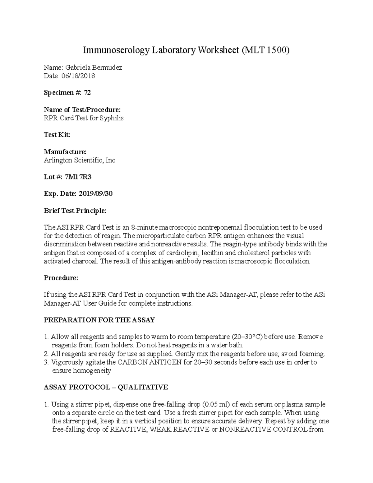 RPR test - report - Immunoserology Laboratory Worksheet (MLT 1500) Name ...