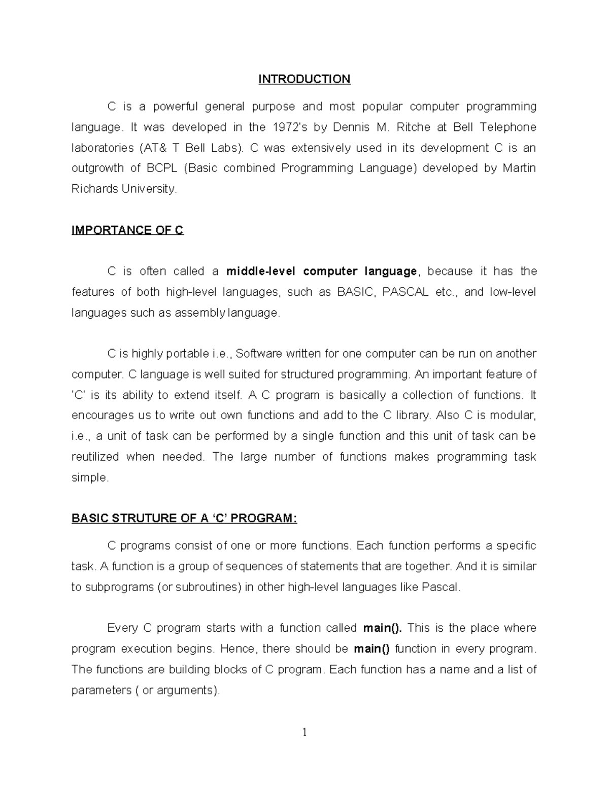 Unit I C - Programming: Introduction to C Language and Basics - Studocu