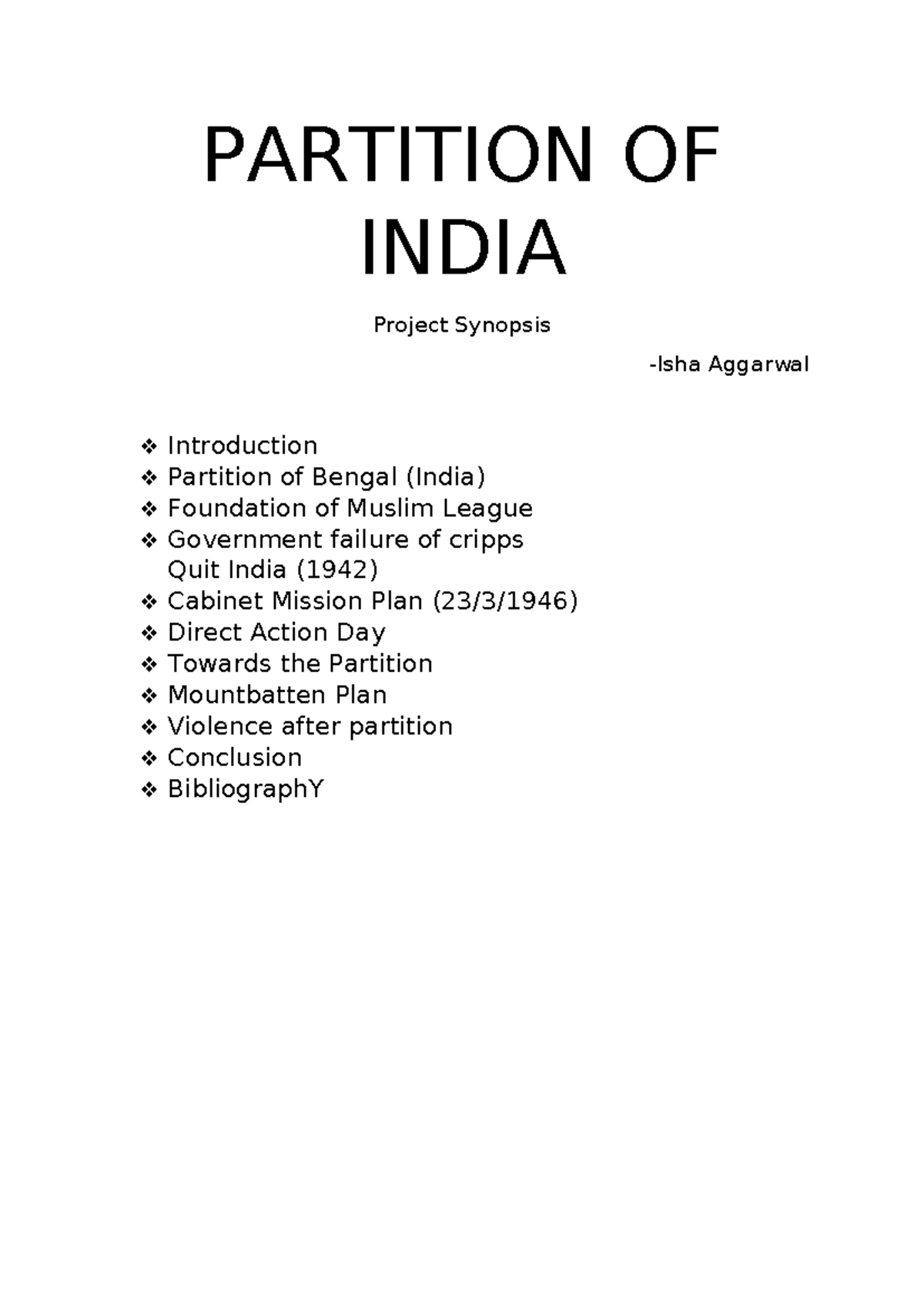 Partition OF India Project synopsis - Political science - PARTITION OF ...