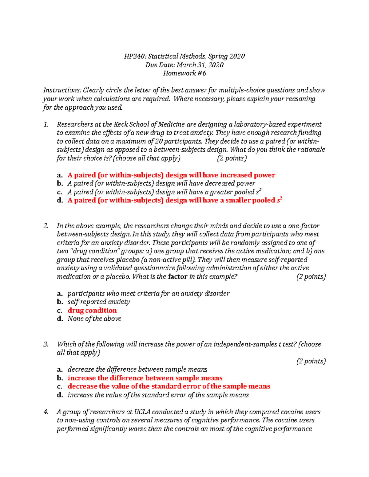 HW 340 - Statistical Methods Homework Assignment #6 (Spring 2020) - Studocu