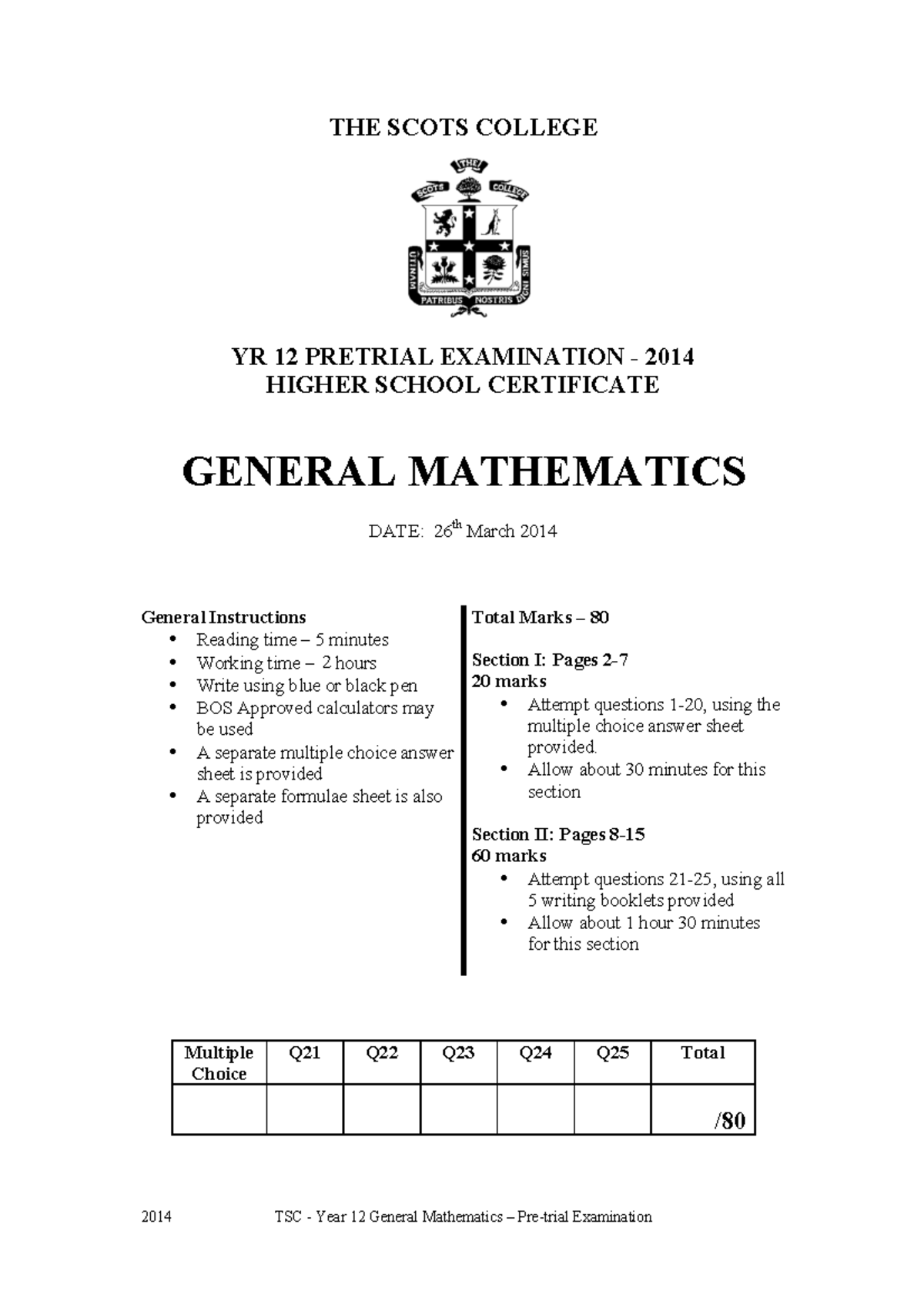 TSC Year 12 General Mathematics Pretrial Exam 2014 Solutions - Studocu