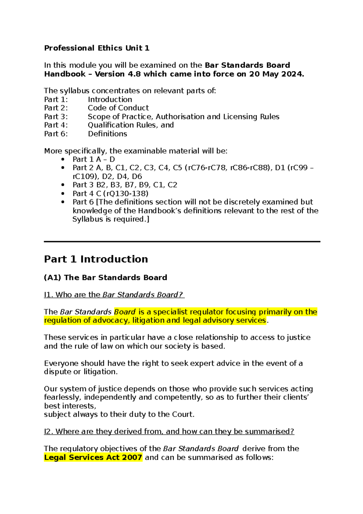 Professional Ethics Unit 1: Overview of the BSB Handbook and Core ...