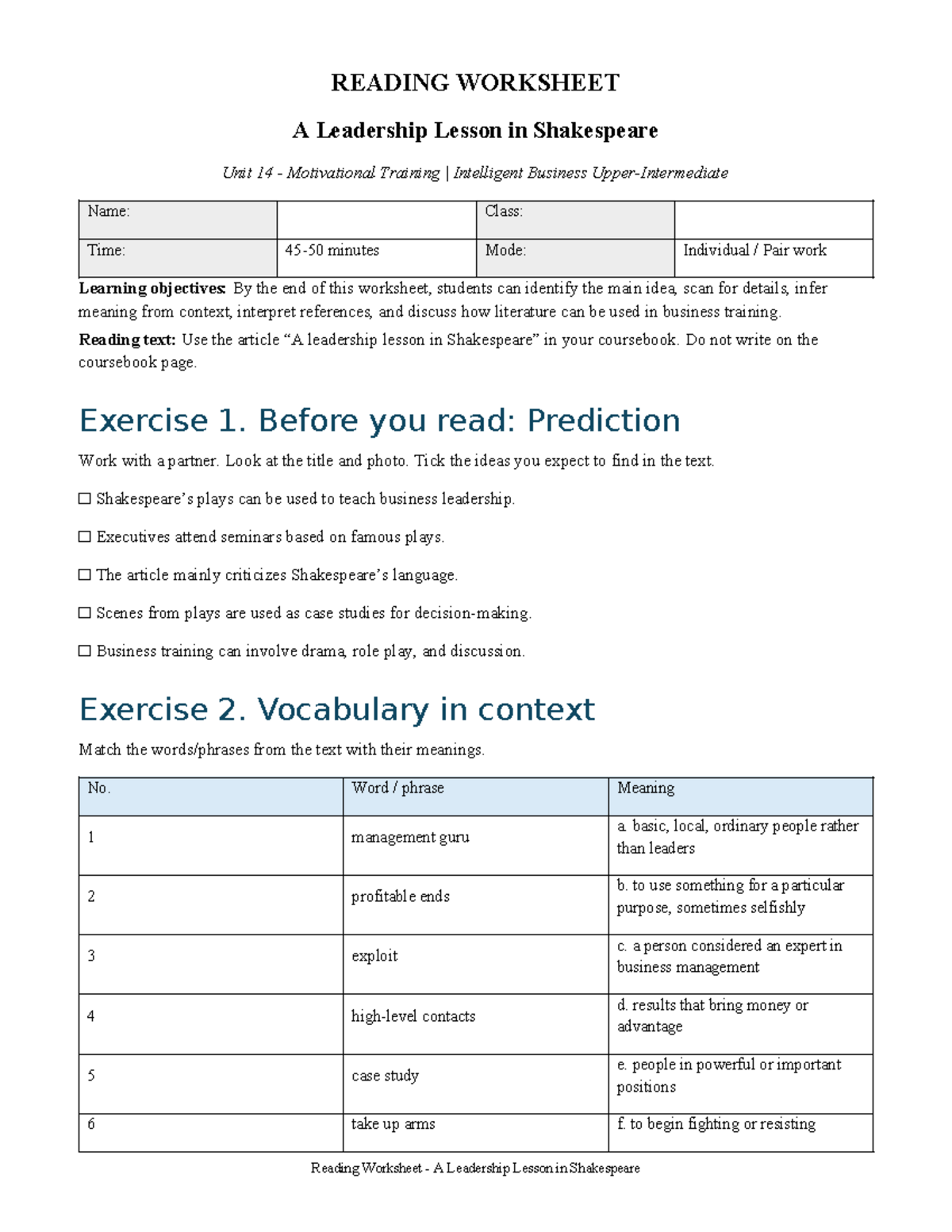 Reading Worksheet - Leadership Lessons from Shakespeare (Unit 14) - Studocu