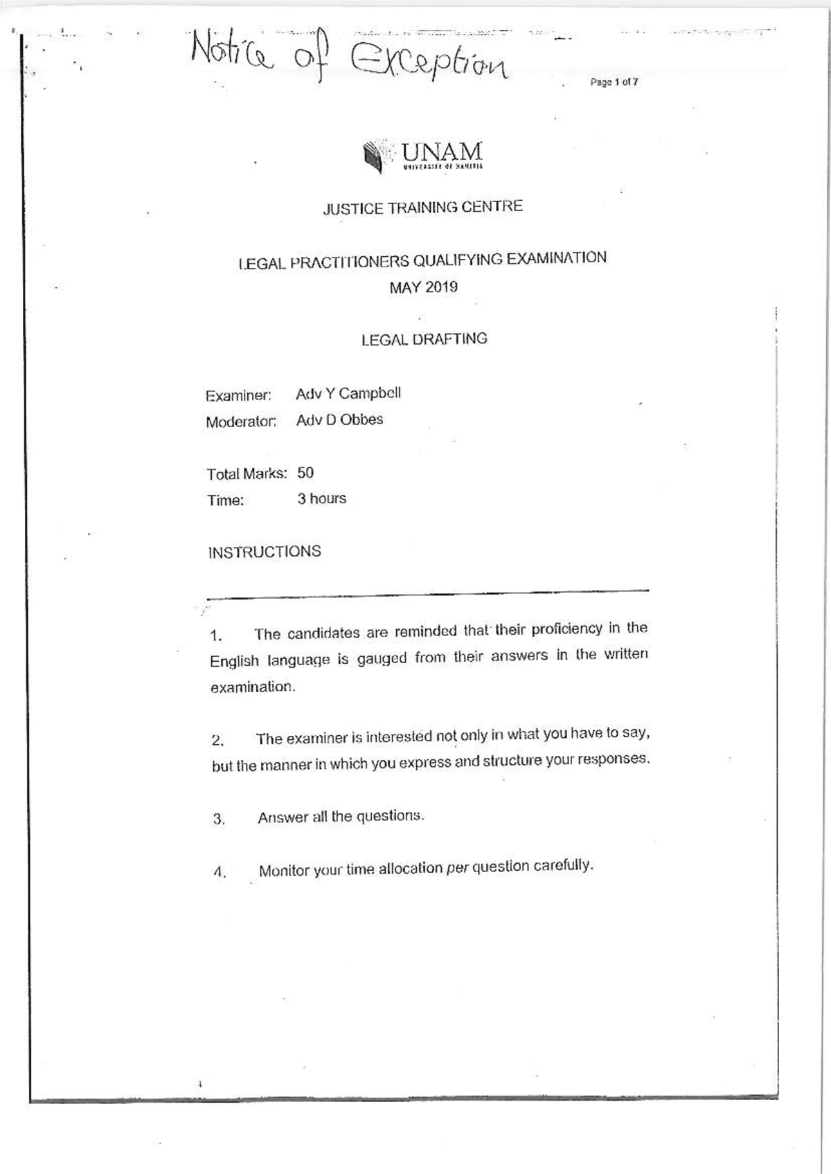 Legal Practitioners Qualifying Exam May 2019: Notice of Exception - Studocu