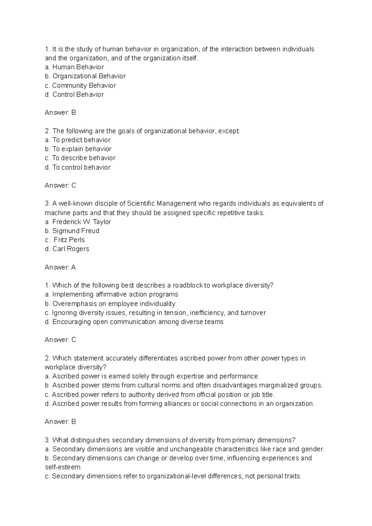 HBO - 1 - Organizational Behavior Quiz Notes - Studocu
