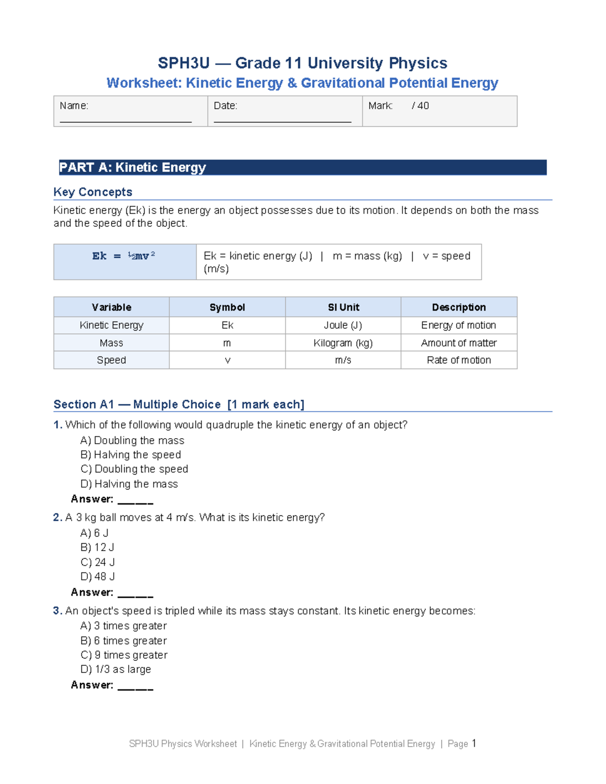 SPH3U Grade 11 Physics Worksheet: Kinetic & Gravitational Potential ...