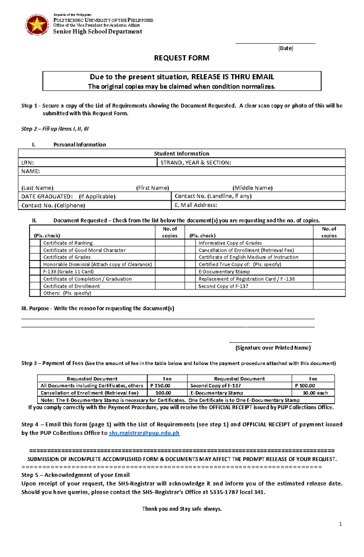 PUP-SHS Document Request & Payment Procedure Guide - Studocu