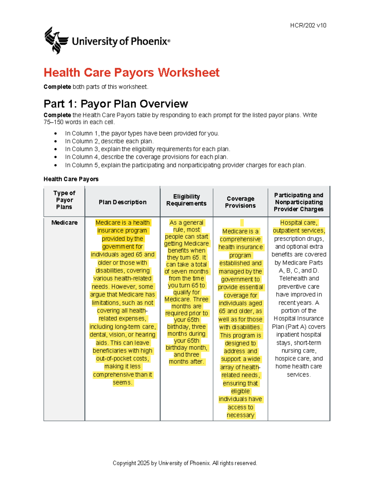 HCR202 v10 Health Care Payors Worksheet: Overview & Comparison - Studocu