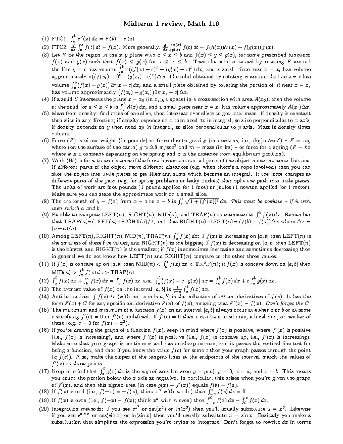 Midterm 1 Review Sheet for Math 116: Key Concepts and Formulas - Studocu