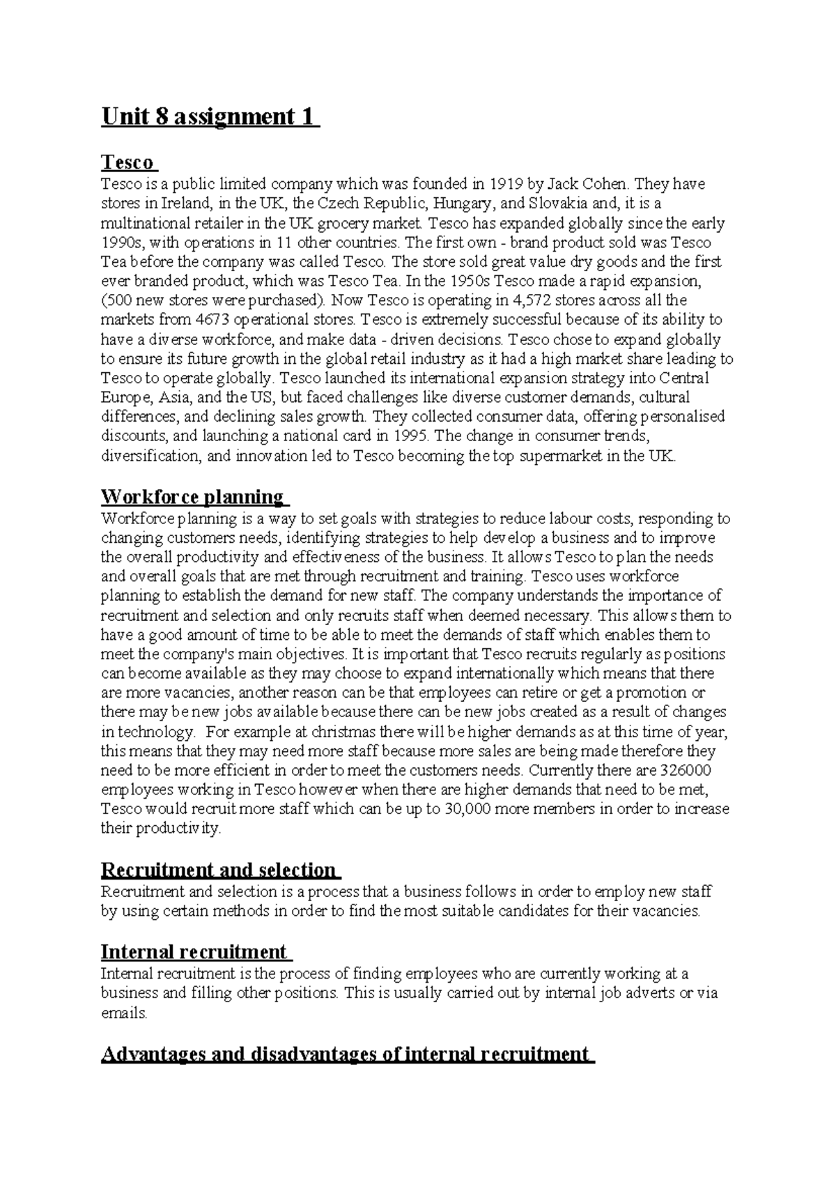 Unit 8 Assignment 1: Tesco's Workforce Planning and Recruitment ...