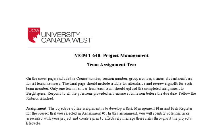 MGMT 640 Team Assignment Two: Risk Management Plan & Register - Studocu