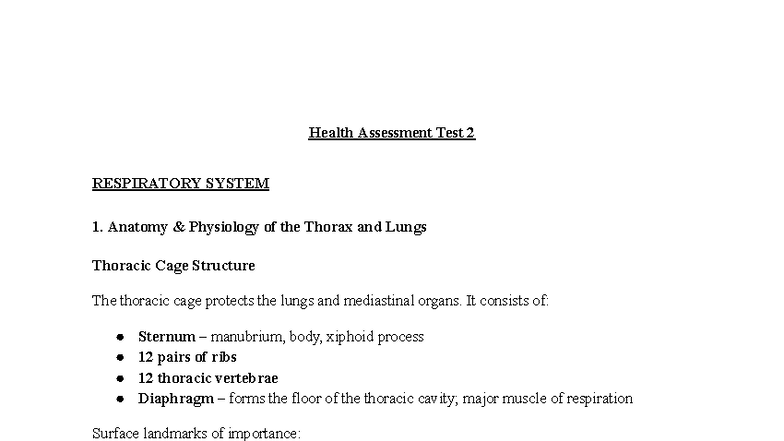 Health Assessment Test 2: Respiratory System Study Notes - Studocu