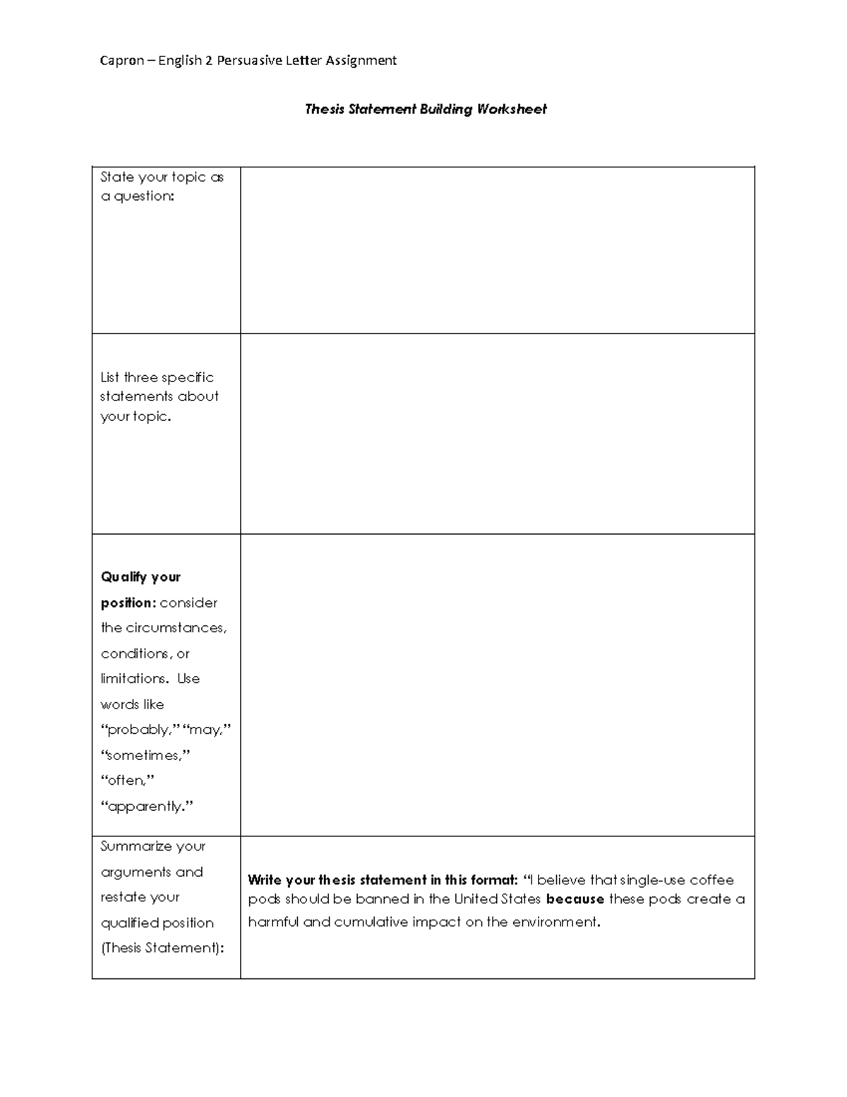 Thesis Statement Graphic Organizer - Capron – English 2 Persuasive ...
