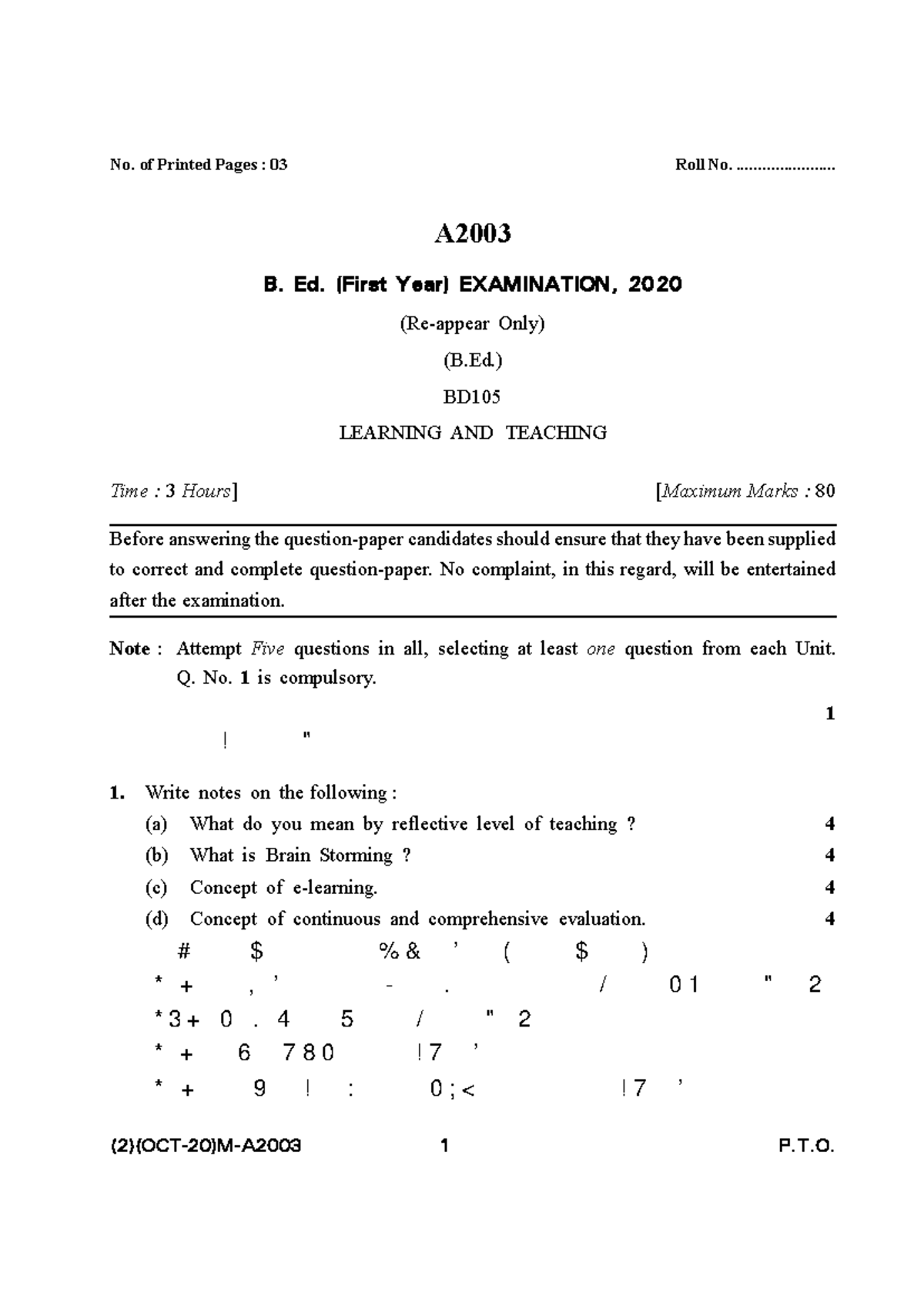 B ed previous year question paper - No. of Printed Pages : 03 Roll No